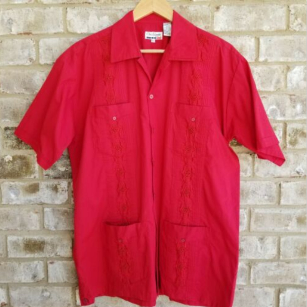 Chic Elegant Mens SZ L Red 4 Pocket Cuban Shirt